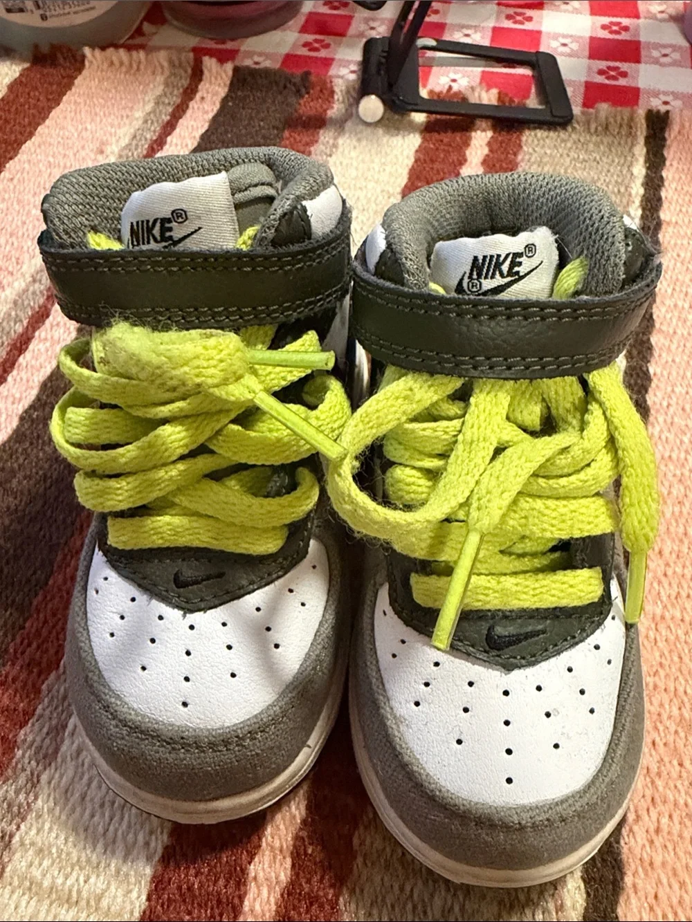 Nike Kids High-Top Sneakers in White, Gray and Neon Yellow
